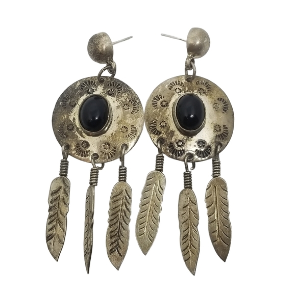 Taxco Jewelry - TAXCO VINTAGE STERLING SILVER & ONYX NATIVE AMERICAN DROP EARRINGS
